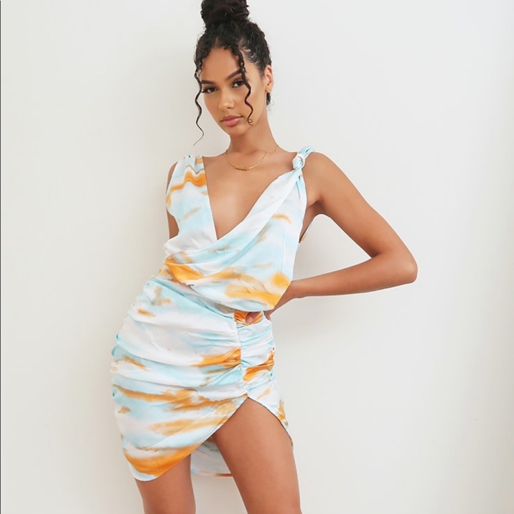PLT Tie Dye Satin Plunge Bodycon Dress